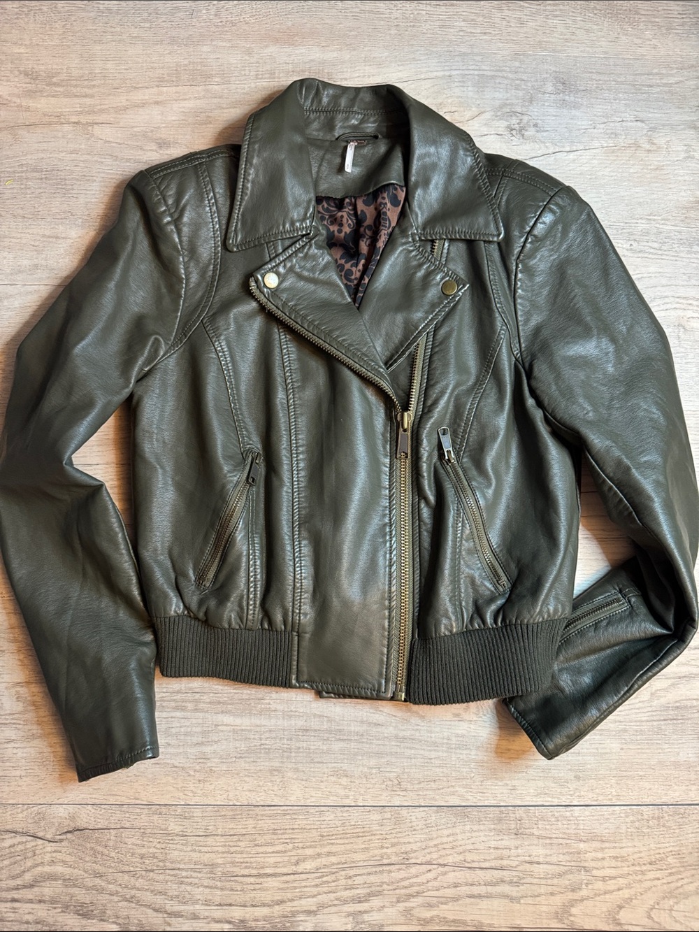 Free People Olive Green Faux Leather Moto Bomber Jacket